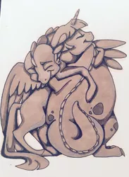 Size: 2763x3773 | Tagged: safe, artist:razledazle, derpibooru import, spike, twilight sparkle, twilight sparkle (alicorn), alicorn, pony, female, hug, image, jpeg, lineart, male, mare, traditional art