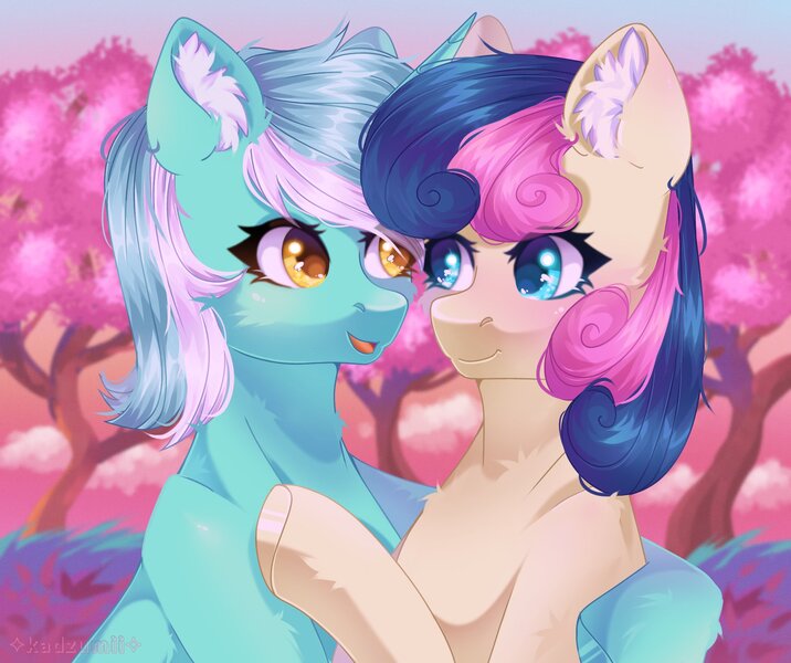 Size: 2048x1716 | Tagged: safe, artist:kadzumiisayu, derpibooru import, bon bon, lyra heartstrings, sweetie drops, earth pony, pony, unicorn, adorabon, cute, duo, ear fluff, female, hug, image, jpeg, lesbian, looking at each other, looking at someone, lyrabetes, lyrabon, open mouth, shipping, tree