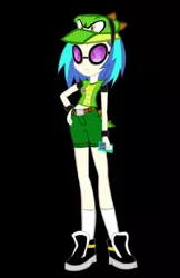 Size: 1841x2849 | Tagged: safe, artist:kalel6753, derpibooru import, vinyl scratch, equestria girls, black background, clothes, clothes swap, cosplay, costume, crossover, image, ipod, jpeg, shorts, simple background, solo, sonic the hedgehog (series), vector the crocodile