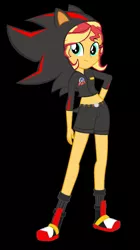 Size: 743x1324 | Tagged: safe, artist:kalel6753, derpibooru import, sunset shimmer, equestria girls, belly button, black background, clothes, clothes swap, cosplay, costume, crossover, image, jpeg, shadow the hedgehog, shorts, simple background, solo, sonic the hedgehog (series)