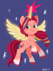 Size: 768x1024 | Tagged: safe, artist:efuji_d, derpibooru import, sunny starscout, alicorn, earth pony, pony, my little pony: a new generation, artificial horn, artificial wings, augmented, female, flying, g5, horn, image, jpeg, magic, magic horn, magic wings, mare, smiling, solo, sunnycorn, unshorn fetlocks, wings