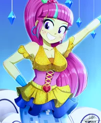 Size: 1784x2163 | Tagged: safe, artist:the-butch-x, derpibooru import, sour sweet, dance magic, equestria girls, spoiler:eqg specials, armpits, belt, breasts, busty sour sweet, cleavage, clothes, ear piercing, earring, female, freckles, gritted teeth, image, jewelry, piercing, png, scene interpretation, shoulder freckles, skirt, smiling, solo