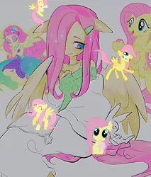 Size: 1280x1504 | Tagged: safe, artist:hanamario87, artist:raimugi____, derpibooru import, angel bunny, fluttershy, anthro, pegasus, pony, rabbit, equestria girls, animal, bust, clothes, drink, drinking, drinking straw, eyes closed, female, filly, filly fluttershy, flying, foal, hair over one eye, image, jpeg, looking at you, mare, ponied up, spread wings, sweater, wings, younger