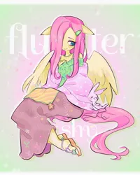 Size: 954x1190 | Tagged: safe, artist:hanamario87, artist:raimugi____, derpibooru import, angel bunny, fluttershy, anthro, rabbit, animal, clothes, duo, eyes closed, female, image, jpeg, looking at someone, sandals, shoes, sleeping, sweater, sweatershy, text, wings