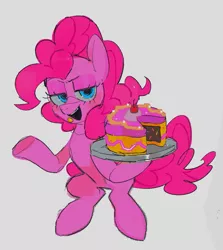 Size: 905x1014 | Tagged: safe, artist:poneko-chan, derpibooru import, pinkie pie, earth pony, pony, bipedal, cake, cherry, female, food, gray background, hoof hold, image, jpeg, lidded eyes, looking at you, mare, open mouth, open smile, plate, simple background, smiling, smiling at you, solo