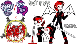 Size: 1600x900 | Tagged: suggestive, artist:vicenteortiz99, derpibooru import, oc, demon, demon pony, original species, equestria girls, blood, demon horns, demon wings, general, heavy metal, horns, image, png, red and black oc, slayer, sword, weapon, wings