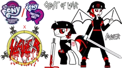 Size: 1600x900 | Tagged: suggestive, artist:vicenteortiz99, derpibooru import, oc, demon, demon pony, original species, equestria girls, blood, demon horns, demon wings, heavy metal, horns, image, png, red and black oc, slayer, sword, weapon, wings