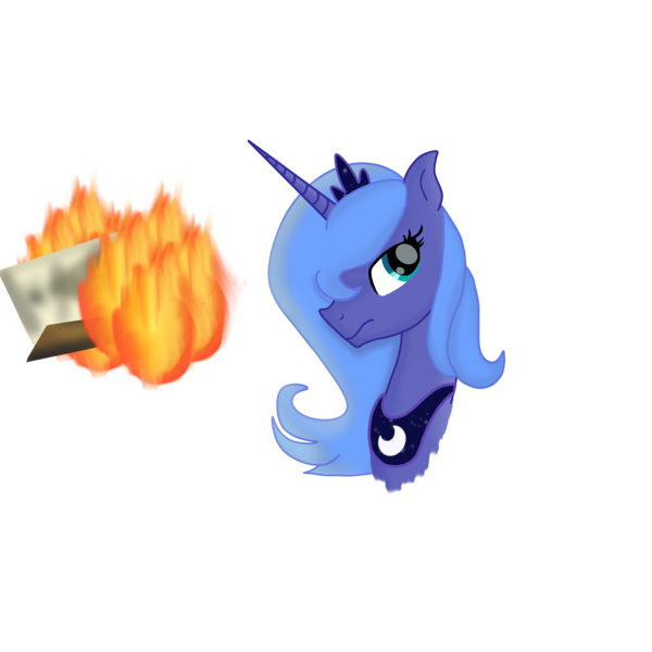 Size: 2960x2960 | Tagged: safe, alternate version, artist:aonatsu_ki, artist:naturajellyfish, derpibooru import, princess luna, alicorn, pony, crown, female, fire, frown, high res, image, jewelry, luna burning a poster, mare, moon, peytral, png, poster, regalia, s1 luna, simple background, solo, transparent background, wat