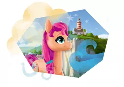 Size: 1280x907 | Tagged: safe, derpibooru import, official, sunny starscout, bird, earth pony, pony, seagull, my little pony: a new generation, 2d, 3d, braid, building, cliff, cloud, color correction, cute, dreamy, figure, figurine, g5, home, horseshoes, house, image, lighthouse, looking away, maretime bay, ocean, png, rainbow, simple background, stars, sunnybetes, town, toy, tree, water, wave, white background