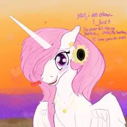 Size: 2000x2000 | Tagged: safe, artist:enonnnymous, derpibooru import, princess celestia, alicorn, pony, /sun/, beach, bow, crying, ears, female, floppy ears, flower, i love you, image, jewelry, looking at you, mare, necklace, pink-mane celestia, png, ring, solo, spread wings, sunflower, sunset, talking to viewer, tears of joy, wings, young celestia