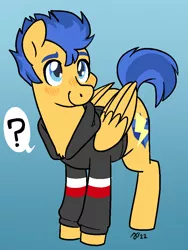 Size: 751x1000 | Tagged: safe, artist:/d/non, derpibooru import, flash sentry, pegasus, pony, blue hair, blushing, clothes, hoodie, image, male, png, question mark, smiling, stallion