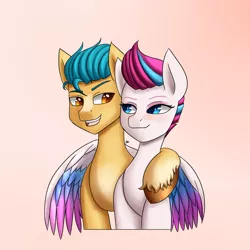 Size: 1400x1400 | Tagged: safe, artist:zachc, derpibooru import, hitch trailblazer, zipp storm, earth pony, pegasus, pony, duo, female, g5, hitchzipp, hug, image, looking at each other, looking at someone, male, png, shipping, straight, winghug, wings