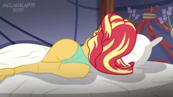 Size: 1280x720 | Tagged: suggestive, artist:metalhead97, derpibooru import, sunset shimmer, equestria girls, equestria girls series, ass, barefoot, bed, bedroom, bunset shimmer, butt, cameltoe, casual nudity, clothes, feet, female, image, legs, lying down, nudity, panties, partial nudity, png, show accurate, side, sleeping, solo, solo female, thighs, thong, topless, underwear