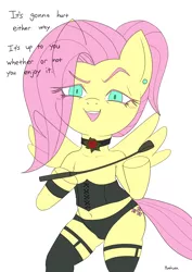 Size: 1634x2307 | Tagged: suggestive, artist:hyakuen, derpibooru import, fluttershy, pegasus, semi-anthro, alternate hairstyle, belly button, black underwear, blushing, choker, clothes, corset, dominatrix, ear piercing, earring, flower, flutterbitch, hoof hold, image, jewelry, looking at you, new fluttershy, piercing, png, riding crop, rose, simple background, smug, solo, underwear, white background