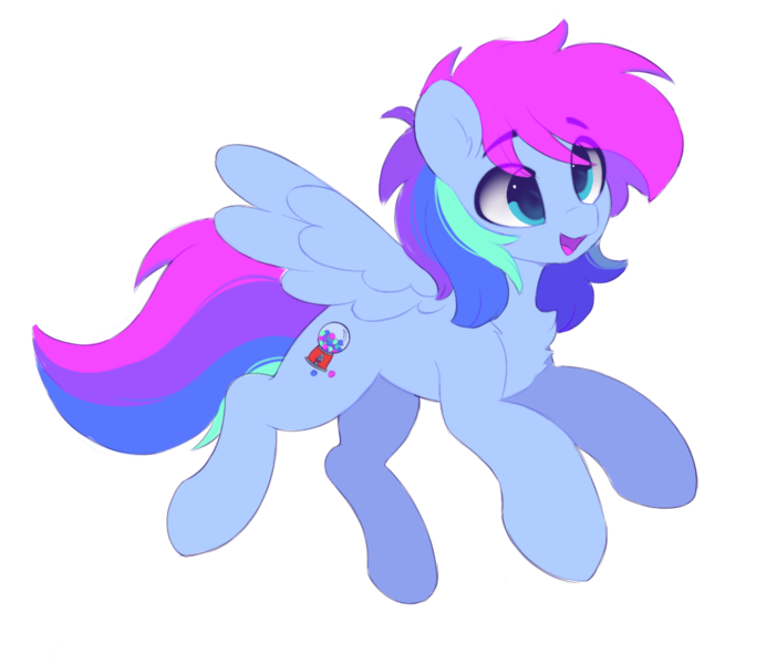 Size: 1112x950 | Tagged: safe, artist:flixanoa, derpibooru import, oc, oc:bubblegum blast, oc:schelenki, pegasus, pony, bubblegum, chest fluff, cross-eyed, cute, derp, ear fluff, eye clipping through hair, femboy, floating, floppy ears, flying, food, gum, happy, image, male, neon, png, solo, underhoof, wings, wingy