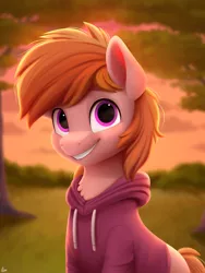 Size: 1500x2000 | Tagged: safe, artist:luminousdazzle, derpibooru import, oc, oc:stuben, unofficial characters only, earth pony, pony, birthday gift, bust, chest fluff, clothes, grin, happy, hoodie, image, looking at you, magenta eyes, male, png, portrait, scenery, semi-realistic, smiling, solo, stallion, sunset