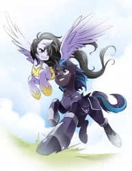 Size: 2975x3850 | Tagged: safe, artist:nekoshiei, derpibooru import, oc, oc:magic barrier, oc:tail, unofficial characters only, pegasus, pony, unicorn, armor, armored pony, couple, female, flying, guardsmare, horn, image, jpeg, mare, pegasus oc, royal guard, royal guard armor, running, unicorn oc, wings