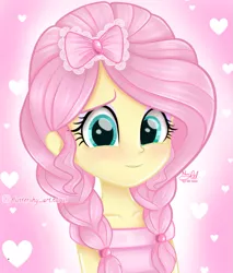 Size: 865x1014 | Tagged: safe, artist:fluttershy_art.nurul, derpibooru import, fluttershy, equestria girls, beautiful, blushing, braid, cute, female, hairpin, heart, image, pink, pink dress, pink hair, png, shy, shyabetes, solo, tape