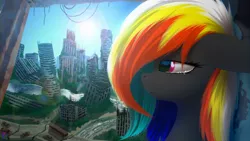 Size: 3840x2160 | Tagged: safe, artist:skanim-sdw, derpibooru import, oc, oc:darky wings, unofficial characters only, pony, abandoned, city, crying, destroyed, female, image, multicolored hair, overgrown, png, sad, sun, teary eyes
