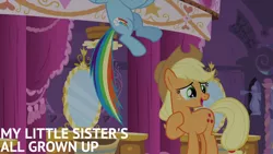 Size: 1280x720 | Tagged: safe, derpibooru import, edit, edited screencap, editor:quoterific, screencap, applejack, rainbow dash, earth pony, pegasus, pony, make new friends but keep discord, season 5, applejack's hat, carousel boutique, cowboy hat, crying, duo, female, flying, hat, image, jpeg, mare, offscreen character, open mouth, open smile, smiling, tears of joy, text