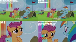 Size: 1280x720 | Tagged: safe, derpibooru import, edit, edited screencap, editor:quoterific, screencap, rainbow dash, scootaloo, pegasus, pony, parental glideance, season 7, bag, duo, eyes closed, female, filly, floppy ears, foal, image, jpeg, mare, open mouth, saddle bag, text