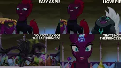 Size: 1280x720 | Tagged: safe, derpibooru import, edit, edited screencap, editor:quoterific, screencap, derpy hooves, grubber, tempest shadow, hedgehog, pegasus, pony, unicorn, my little pony: the movie, broken horn, close-up, female, horn, image, jpeg, male, mare, open mouth, open smile, smiling, spread wings, text, wings