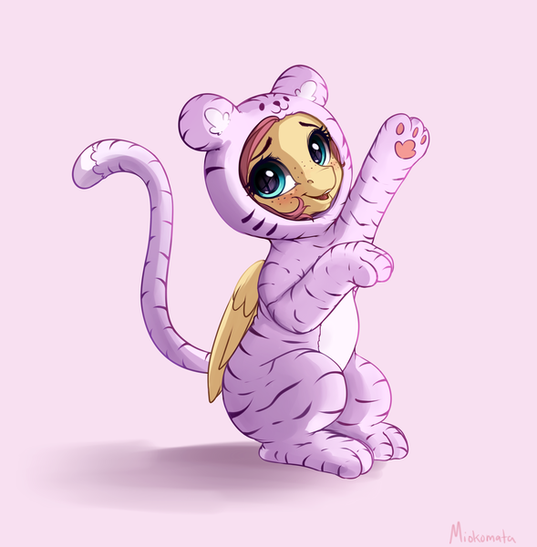 Size: 4536x4618 | Tagged: safe, artist:miokomata, derpibooru import, fluttershy, big cat, pegasus, pony, tiger, absurd resolution, animal costume, clothes, costume, cute, female, freckles, freckleshy, image, kigurumi, mare, open mouth, open smile, pink background, png, shyabetes, simple background, sitting, smiling, solo
