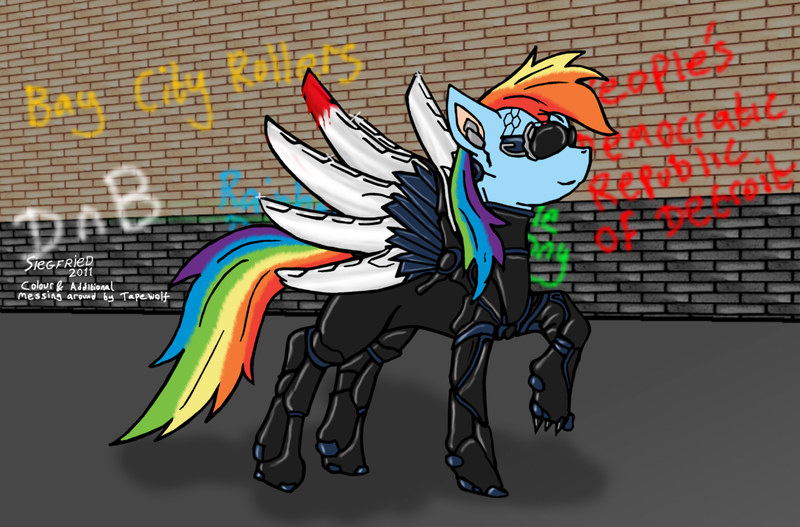 Size: 1188x783 | Tagged: safe, artist:rengaulen, artist:tapewolf, derpibooru import, rainbow dash, cyborg, cyborg pony, pegasus, pony, 2011, blade, blood, brick wall, deus ex, deus ex: human revolution, female, graffiti, image, mare, png, solo