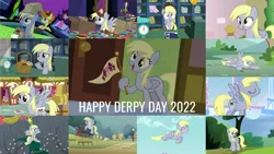 Size: 1280x721 | Tagged: safe, derpibooru import, edit, edited screencap, editor:quoterific, screencap, bon bon, carrot top, derpy hooves, golden harvest, princess luna, sweetie drops, earth pony, pegasus, pony, a hearth's warming tail, between dark and dawn, look before you sleep, luna eclipsed, rainbow falls, rock solid friendship, season 1, season 2, season 4, season 5, season 6, season 7, season 8, season 9, slice of life (episode), sonic rainboom (episode), the maud couple, to where and back again, triple threat, twilight's kingdom, spoiler:s08, spoiler:s09, 2022, ^^, christmas, christmas tree, cute, derpabetes, derpy day, eyes closed, female, food, holiday, image, mailmare, male, mare, muffin, night, offscreen character, open mouth, open smile, png, smiling, spread wings, stallion, text, that pony sure does love muffins, tongue out, tree, twilight's castle, wings
