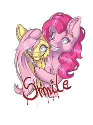 Size: 1024x1366 | Tagged: grimdark, artist:maneblue, derpibooru import, pinkie pie, earth pony, pegasus, pony, bust, ear fluff, forced smile, image, knife, png, simple background, smiling, transparent background, wide eyes