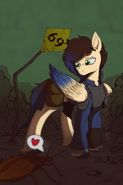 Size: 2731x4096 | Tagged: oc name needed, safe, artist:tatykin, derpibooru import, oc, unofficial characters only, cockroach, insect, pegasus, pony, radroach, fallout equestria, armor, colored wings, fallout, image, jpeg, pegasus oc, pipbuck, solo, two toned mane, two toned wings, wings