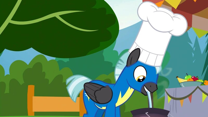 Size: 1280x720 | Tagged: safe, derpibooru import, screencap, thunderlane, pegasus, pony, marks and recreation, bowl, chef's hat, clothes, fruit, hat, image, jpeg, male, solo, spoon, stallion, uniform, wonderbolts uniform