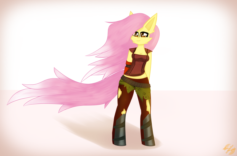 Size: 4080x2700 | Tagged: safe, derpibooru import, fluttershy, anthro, unguligrade anthro, belt, borderlands, borderlands 2, breasts, cheek fluff, clothes, cosplay, costume, crossover, ear fluff, eyelashes, female, fluffy, high res, image, lilith, lipstick, pants, png, simple background, smiling, socks, solo, torn clothes