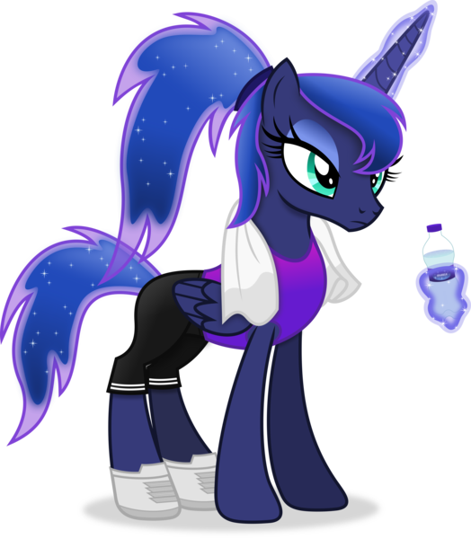 Size: 4549x5208 | Tagged: safe, artist:anime-equestria, derpibooru import, princess luna, alicorn, pony, alternate hairstyle, bottle, clothes, eyeshadow, female, hairband, horn, image, levitation, magic, makeup, mare, png, ponytail, shoes, shorts, simple background, solo, telekinesis, towel, transparent background, vector, water bottle, wings