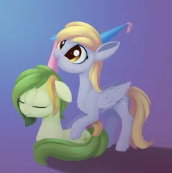 Size: 3000x3030 | Tagged: safe, artist:dusthiel, derpibooru import, derpy hooves, oc, oc:dust wind, pony, female, hat, image, lying down, mare, nom, party hat, png, prone