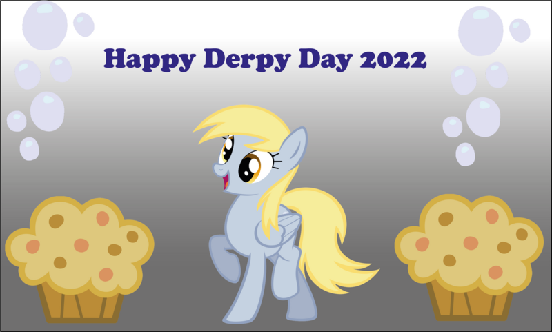 Size: 1280x769 | Tagged: safe, artist:ncolque, derpibooru import, derpy hooves, pegasus, pony, bubble, caption, cute, derpy day 2022, desktop background, female, folded wings, food, full body, gradient background, hooves, image, mare, muffin, open mouth, open smile, png, raised hoof, raised leg, smiling, solo, standing on two hooves, tail, text, wallpaper, wings