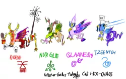 Size: 1280x810 | Tagged: safe, artist:horsesplease, derpibooru import, gallus, antlers, axe, chainaxe, chaos (warhammer fantasy), chaos star, derp, fire, fire breath, gallus the rooster, image, jpeg, kfc, khorne, multiple heads, mutation, nurgle, slaanesh, two heads, tzeentch, warhammer (game), warhammer 40k, warhammer fantasy, weapon