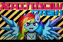 Size: 4096x2793 | Tagged: safe, artist:canvymamamoo, derpibooru import, rainbow dash, anthro, pegasus, abstract background, blushing, chest fluff, choker, clothes, ear fluff, female, happy, image, jacket, jpeg, lidded eyes, looking at you, smiling, solo, spread wings, starry eyes, wingding eyes, wings, wonderbolts logo