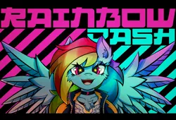Size: 4096x2793 | Tagged: safe, alternate version, artist:canvymamamoo, derpibooru import, rainbow dash, anthro, pegasus, abstract background, blushing, chest fluff, choker, clothes, ear fluff, female, happy, image, jacket, jpeg, lidded eyes, looking at you, smiling, solo, spread wings, starry eyes, wingding eyes, wings, wonderbolts logo