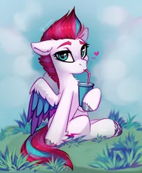Size: 1599x1950 | Tagged: safe, artist:taneysha, derpibooru import, zipp storm, pegasus, pony, chest fluff, colored wings, drink, drinking, drinking straw, female, floppy ears, g5, grass, heart, hoof hold, hooves, image, jpeg, mare, signature, sitting, solo, tail, unshorn fetlocks, wings