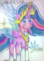 Size: 3006x4149 | Tagged: safe, artist:aldairsparkle, derpibooru import, oc, oc:twilight, alicorn, pony, all'swork studios, colored pencil drawing, image, jpeg, monarch, new version, pencil, pencil drawing, photo, queen twilight, serious, serious face, solo, spoiler, spoilers for another series, theponyworld, traditional art, unknown language