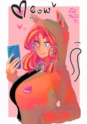 Size: 1400x2000 | Tagged: safe, artist:sozglitch, derpibooru import, sunset shimmer, cat, human, catgirl, clothes, female, heart, image, jpeg, mobile phone, nyanset shimmer, phone, smartphone