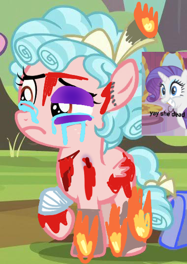 Size: 380x535 | Tagged: grimdark, cozy glow, rarity, blood, child abuse doesn't matter if child is a psychopath, child abuse only applies to cozy, cozy glow deserved this, cozybuse, cozybuse is ok, fire, gritted teeth, image, png, she deserved it, smiling, well deserved, yay, yay she dead