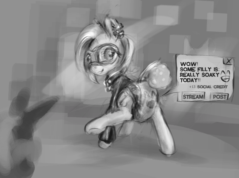 Size: 1088x813 | Tagged: questionable, derpibooru import, oc, oc:snow frost, unofficial characters only, earth pony, pony, cyberpunk, diaper, diaper fetish, female, fetish, gray background, grayscale, image, mare, monochrome, png, simple background, visor, wet diaper