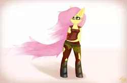 Size: 4080x2700 | Tagged: safe, artist:toxinagraphica, derpibooru import, fluttershy, anthro, unguligrade anthro, belt, borderlands, borderlands 2, breasts, cheek fluff, clothes, cosplay, costume, crossover, ear fluff, eyelashes, female, fluffy, high res, image, lilith, lipstick, pants, png, simple background, smiling, socks, solo, torn clothes