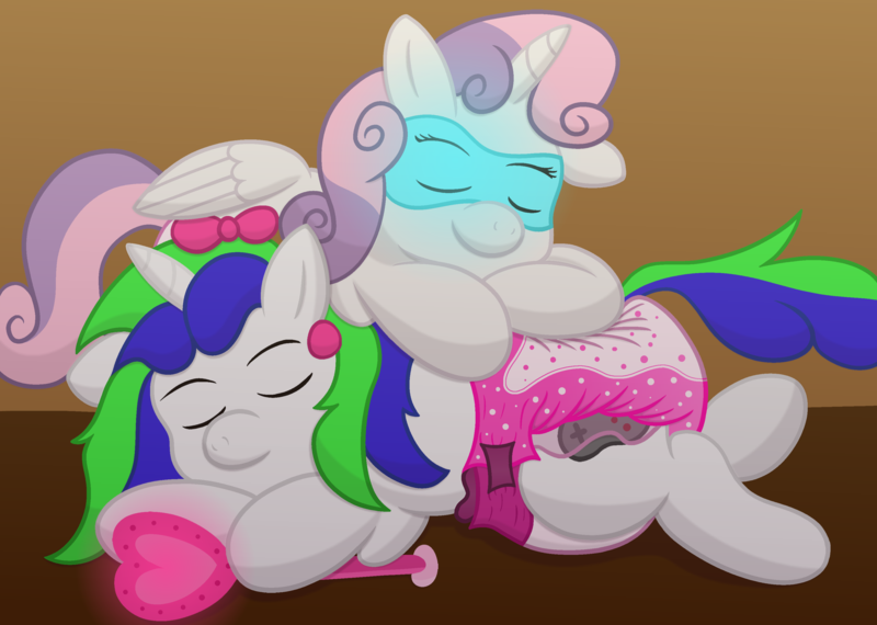 Size: 2900x2065 | Tagged: suggestive, artist:sweetielover, derpibooru import, sweetie belle, oc, alicorn, pony, unicorn, alicornified, bun, diaper, diaper fetish, female, fetish, folded wings, glow, high res, image, male, mask, pink diaper, png, poofy diaper, race swap, rattle, shiny, sleeping, snuggling, superhero, sweetiecorn, wings