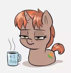 Size: 836x854 | Tagged: safe, artist:heretichesh, derpibooru import, oc, oc:orange pekoe, pony, unicorn, #1, amputee, coffee, colored, female, filly, foal, image, lying, mug, png, ponyloaf, prone, quadruple amputee, simple background, sleepy