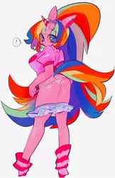 Size: 627x968 | Tagged: suggestive, artist:hanamario87, artist:raimugi____, derpibooru import, oc, unofficial characters only, anthro, unicorn, butt, clothes, exclamation point, female, heart, heart eyes, horn, image, jpeg, looking at you, looking back, looking back at you, looking over shoulder, open clothes, panties, panty shot, simple background, solo, solo female, underwear, white background, wingding eyes