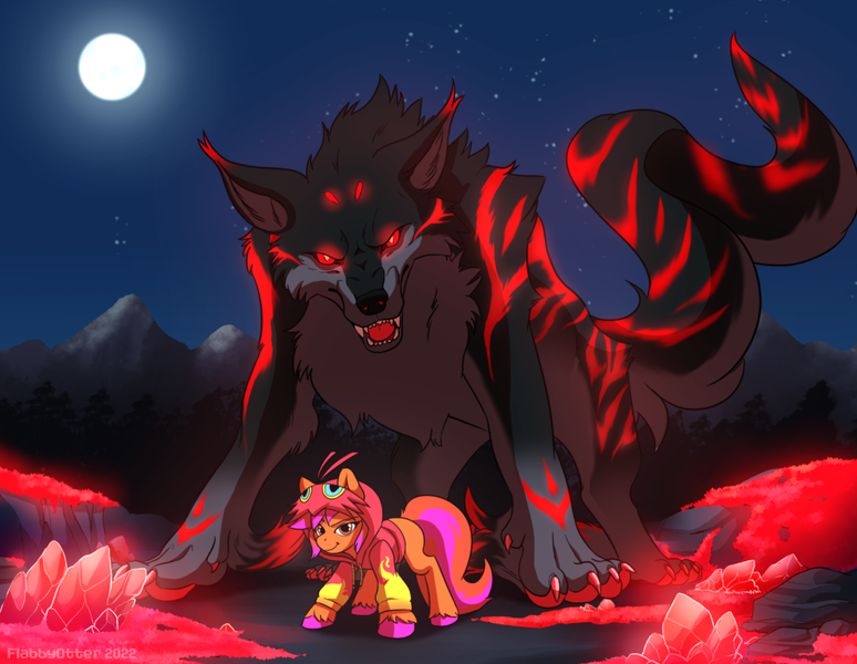 Size: 1018x789 | Tagged: safe, artist:flabbyotter, derpibooru import, oc, oc:clarity heart, blaziken, changeling, earth pony, wolf, animated, bioluminescent, clothes, disguise, disguised changeling, hoodie, image, moon, mountain, night, png, pokémon, protecting, realgar, transformation, unshorn fetlocks