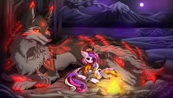 Size: 7774x4413 | Tagged: safe, artist:ask-colorsound, derpibooru import, princess cadance, oc, oc:clarity heart, alicorn, changeling, wolf, bioluminescent, campfire, changeling oc, changeling wings, claws, cuddling, image, lake, moon, mountain, png, snuggling, wings